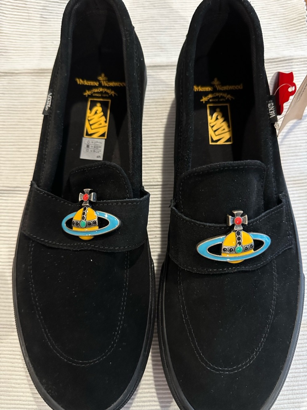 Vivienne Westwood Black Suede Slip-On Loafers with Yellow, Blue & Red Orb Pins